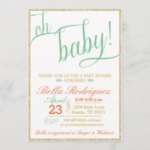 Invitación Purpurina moderno Oh Baby Shower Coral Mint Gold