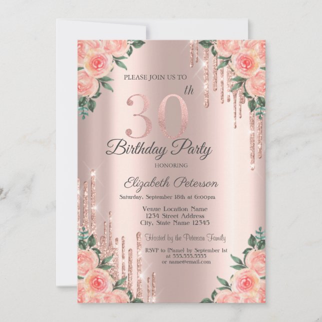 Invitación Purpurina moderno perfora Rosa floral Oro 30 (Anverso)
