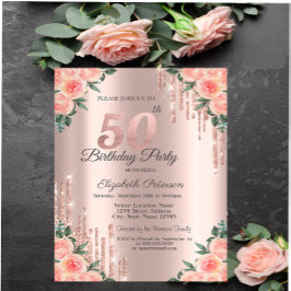 Invitación Purpurina moderno perfora Rosa floral Oro 50