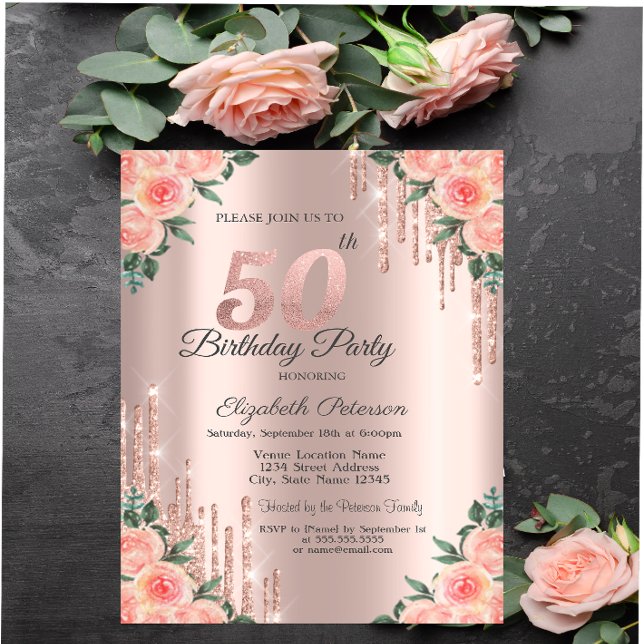 Invitación Purpurina moderno perfora Rosa floral Oro 50 (Subido por el creador)