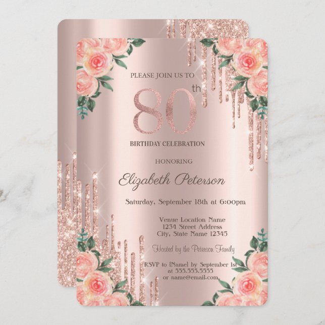 Invitación Purpurina moderno perfora Rosa floral Oro 80 (Anverso / Reverso)