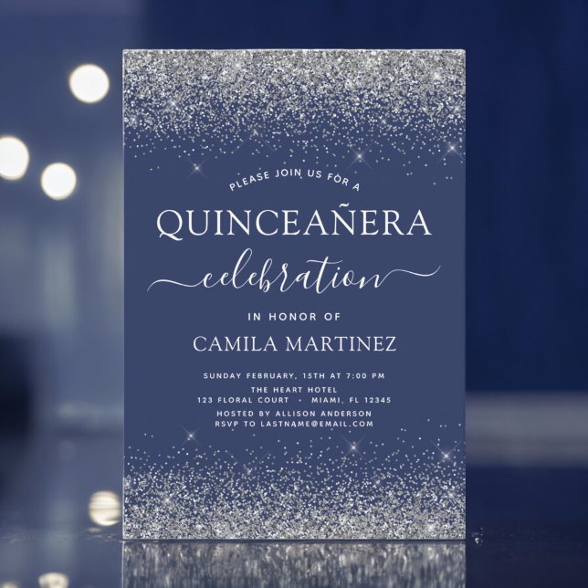Invitación Purpurina moderno Quinceanera Navy Blue Silver (Subido por el creador)