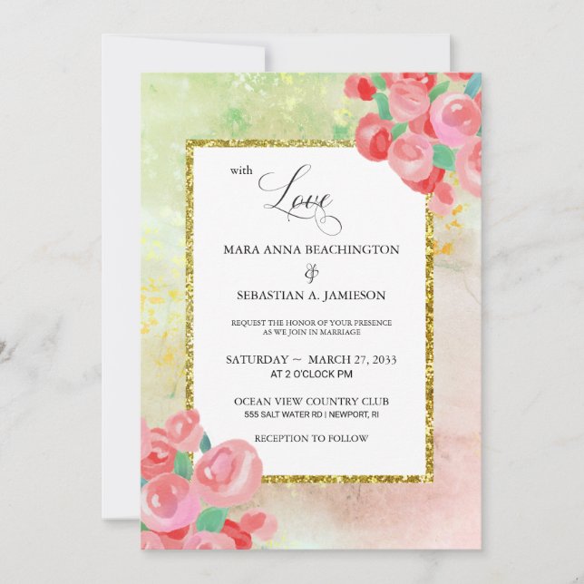 Invitación *~* Purpurina Moderno Resumen Mint Floral Rubor (Anverso)