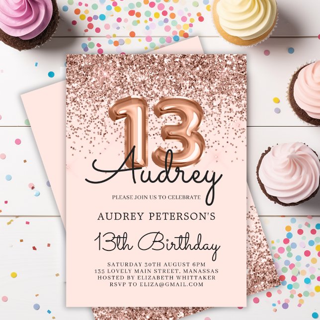 Invitación Purpurina moderno Rosa Globo de oro 13 cumpleaños (Subido por el creador)