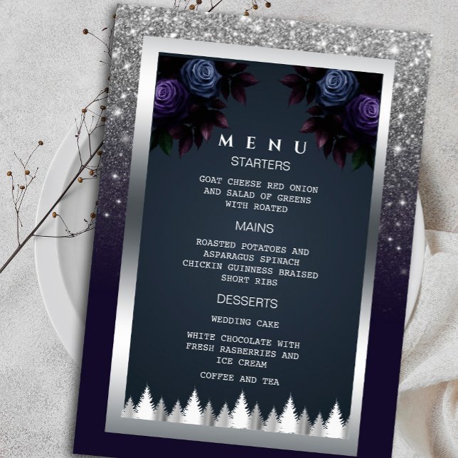 Invitación Purpurina Moody oscuro  Plata Navy Flores azules M (Set the mood for an elegant evening with our silver glitter and navy blue floral menu invitation)