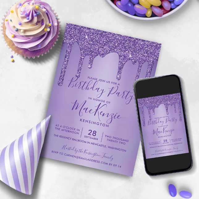 Invitación Purpurina Morada con Brillo en Goteo Cumpleaños de (Purple Sparkle Glitter Drips Any Year Birthday Invitation)