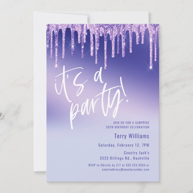 Invitación Purpurina morado azul sorpresa 50 cumpleaños fiest (Anverso)