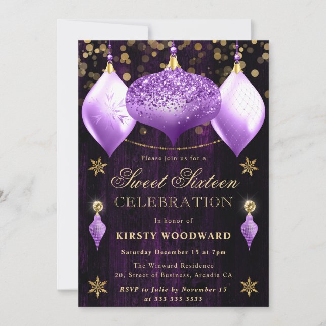 Invitación Purpurina morado Baubles Navidades Dulce 16 (Anverso)