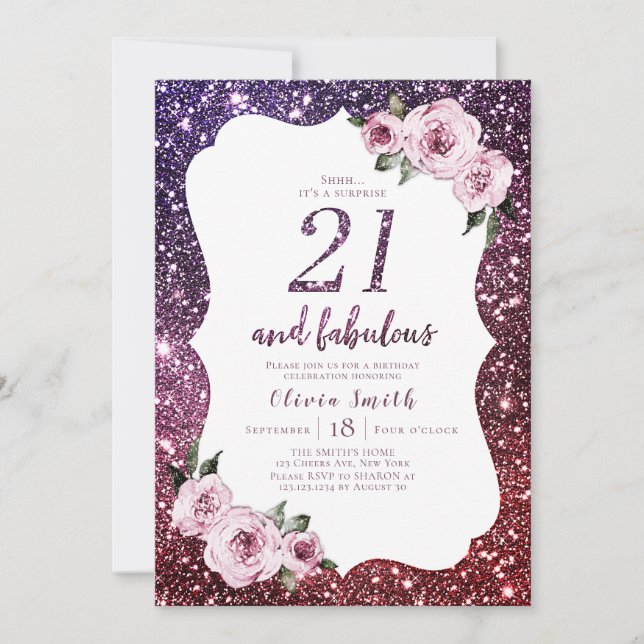 Invitación Purpurina morado de Borgoña floral 21 cumpleaños (Anverso)