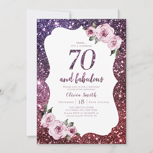 Invitación Purpurina morado de Borgoña y 70 cumpleaños floral (Anverso)
