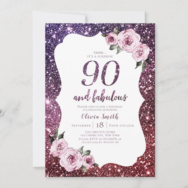 Invitación Purpurina morado de Borgoña y 90 cumpleaños floral (Anverso)