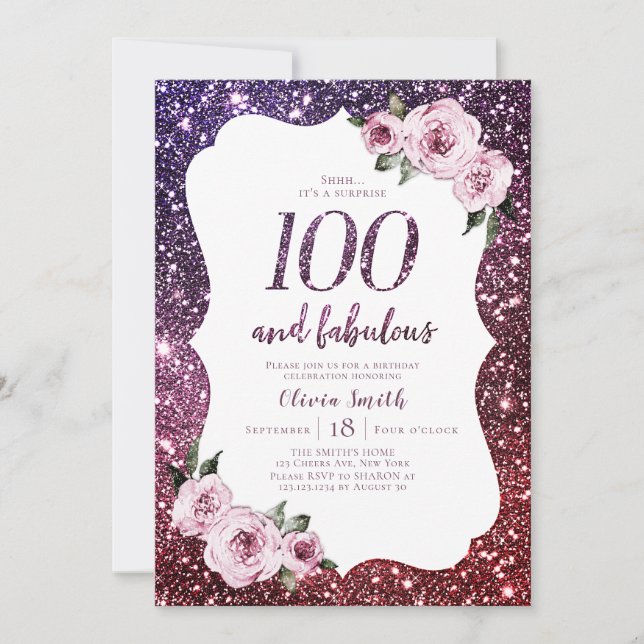 Invitación Purpurina morado de Borgoña y floral 100 cumpleaño (Anverso)