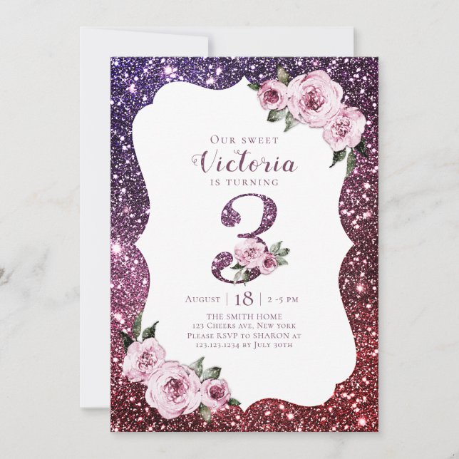 Invitación Purpurina morado de Borgoña y floral de 3 años (Anverso)