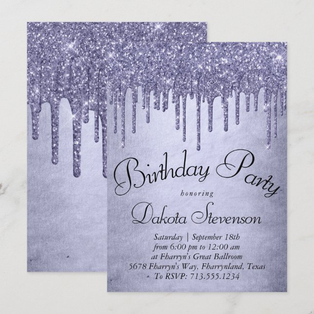 Invitación Purpurina morado de goteo | Cumpleaños de Lavender (Anverso / Reverso)