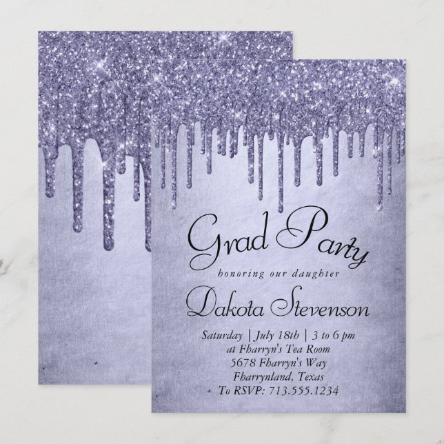 Invitación Purpurina morado de goteo | Graduación de harina d (Anverso / Reverso)