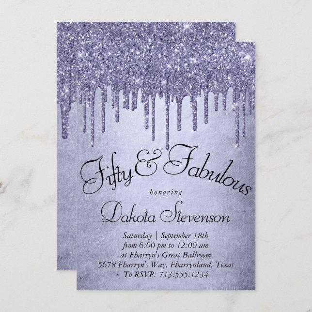Invitación Purpurina morado de goteo | Lavanda 50 y fabulosa (Anverso / Reverso)