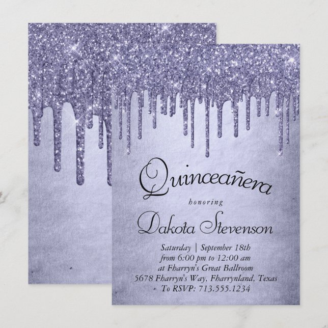 Invitación Purpurina morado de goteo | Lavender Quinceanera (Anverso / Reverso)