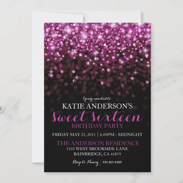 Invitación Purpurina morado de Hollywood  dulce dieciséis Fie (Anverso)