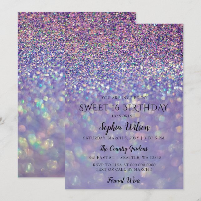 Invitación Purpurina morado de holograma dulce de 16 años (Anverso / Reverso)
