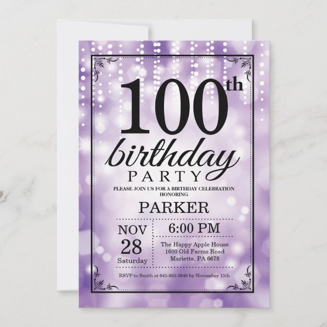 Invitación Purpurina morado de la 100 cumpleaños (Anverso)