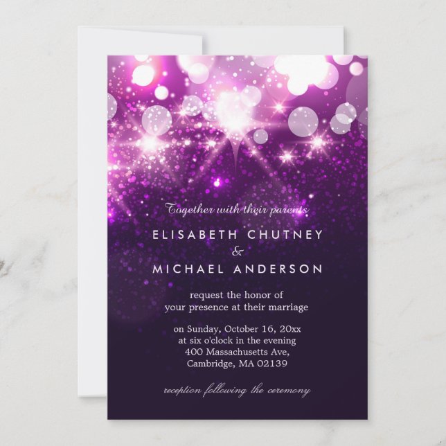 Invitación Purpurina morado de moda esparce Boda elegante (Anverso)