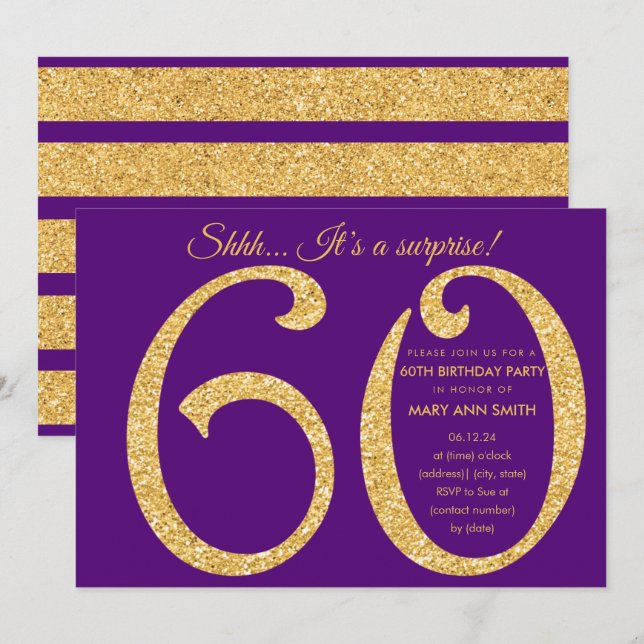Invitación Purpurina morado de oro Sorpresa 60 cumpleaños (Anverso / Reverso)