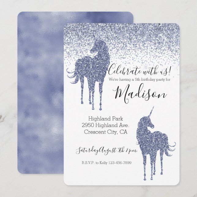 Invitación Purpurina morado de unicornio (Anverso / Reverso)