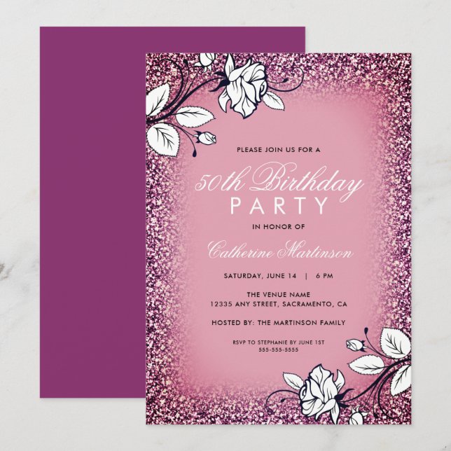 Invitación Purpurina morado del partido de cumpleaños White R (Anverso / Reverso)