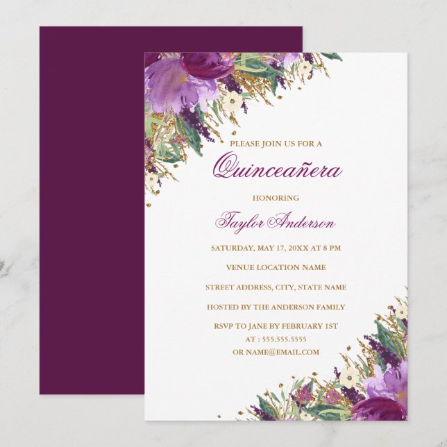 Invitación Purpurina morado dorado Amethyst Floral Quinceaner (Anverso / Reverso)