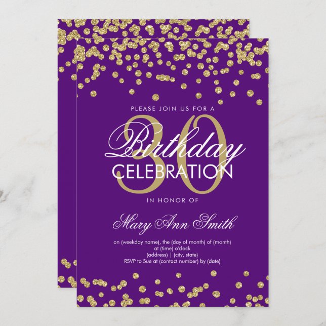 Invitación Purpurina morado dorado Confetti 30 cumpleaños (Anverso / Reverso)