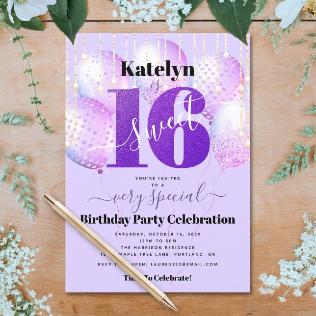 Invitación Purpurina morado dulce 16 globos de cumpleaños mod (Subido por el creador)