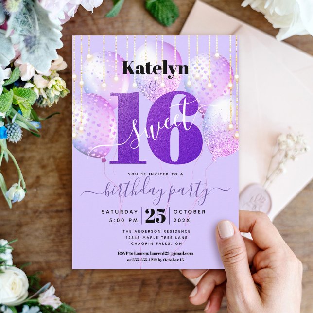 Invitación Purpurina morado dulce 16 globos de natalidad (Subido por el creador)