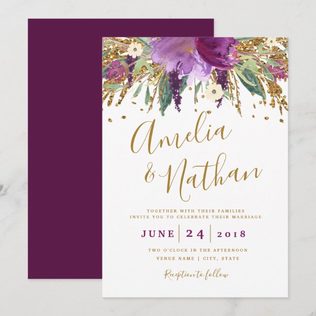 Invitación Purpurina morado esparce Boda de Ametría (Anverso / Reverso)