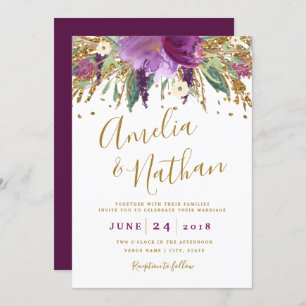 Invitación Purpurina morado esparce Boda de Ametría