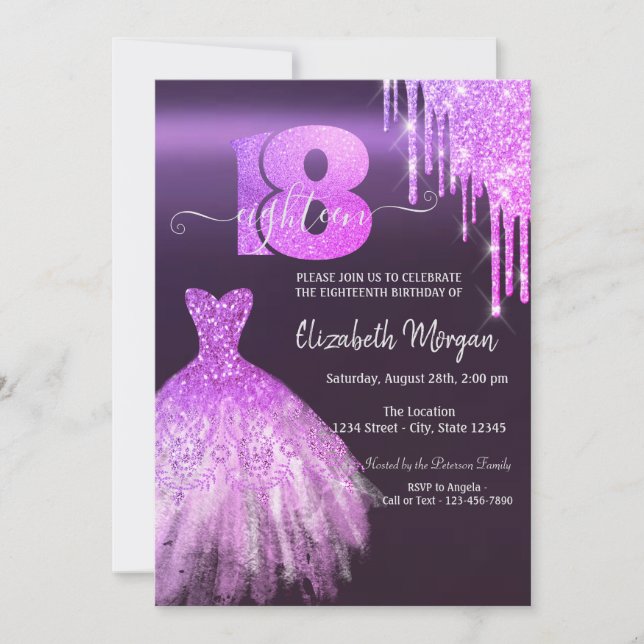 Invitación Purpurina morado gotea vestido fiesta de cumpleaño (Anverso)