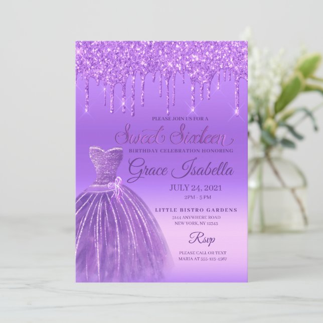 Invitación Purpurina morado goteo dulce dieciséis cumpleaños (Anverso de pie)