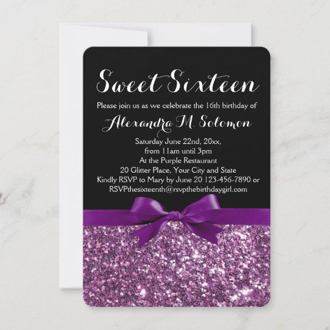 Invitación Purpurina morado Imprimir Bow Sweet 16 Party Invit (Anverso)