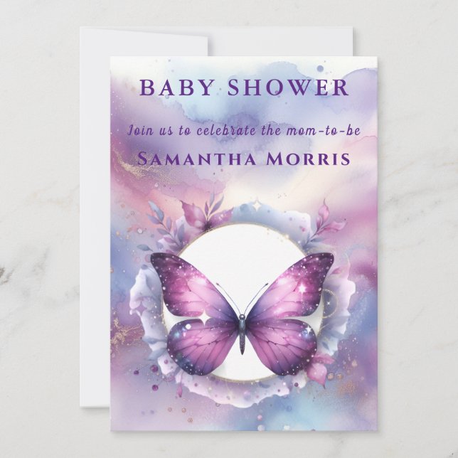 Invitación Purpurina morado mariposa Baby Shower (Anverso)