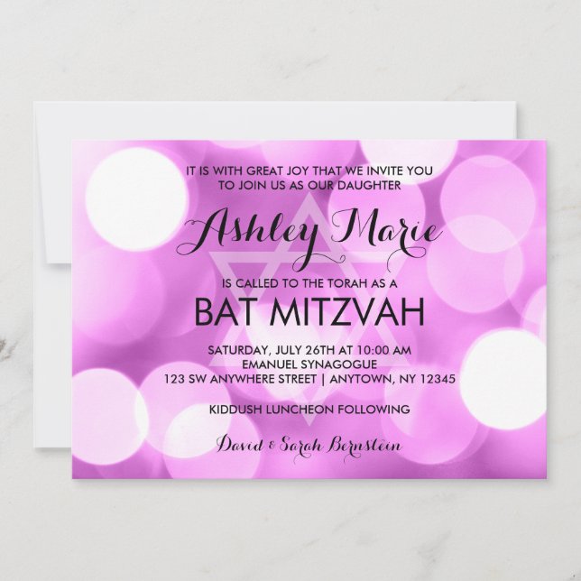 Invitación Purpurina morado moderno enciende Bat Mitzvah (Anverso)