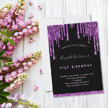 Invitación Purpurina morado negro de cumpleaños gotea lujo<br><div class="desc">Invitación a la fiesta de cumpleaños 21 (o a cualquier edad) de niñas y mujeres. Delante: Un fondo negro de moda. Decorada con tonalidades purpurinas de color morado oscuro, con pinturas que gotean. Personalice y agregue un nombre y detalles del fiesta. El nombre está escrito con un guión de estilo...</div>