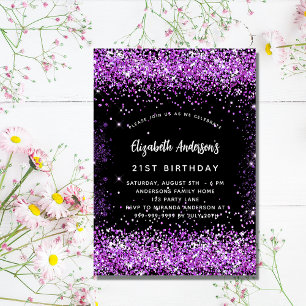 Invitación Purpurina morado negro glamuroso de cumpleaños