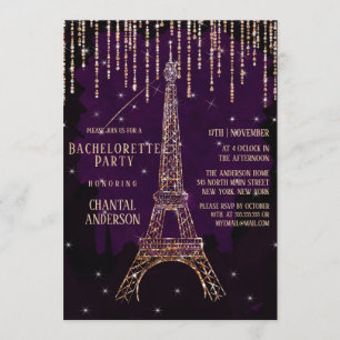 Invitación Purpurina morado París Torre Eiffel Bachelorette