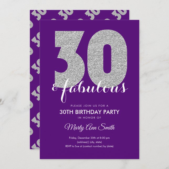 Invitación Purpurina morado plateado 30 y fabuloso cumpleaños (Anverso / Reverso)