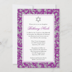 Invitación Purpurina morado plateado Swirl Damask Bat Mitzvah