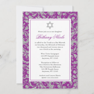 Invitación Purpurina morado plateado Swirl Damask Bat Mitzvah