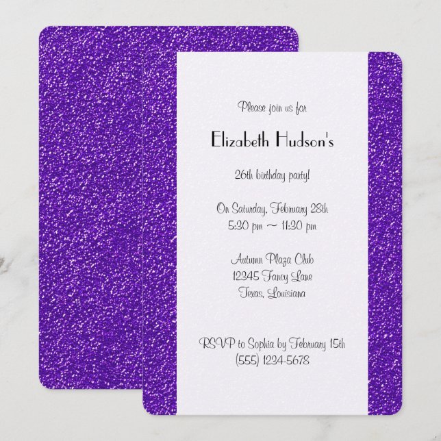 Invitación Purpurina morado, Purpurina de fondo, cumpleaños (Anverso / Reverso)
