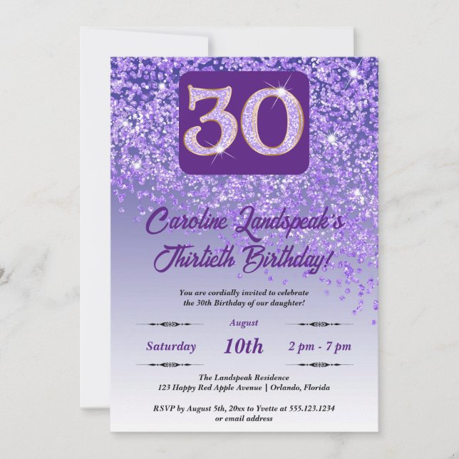 Invitación Purpurina morado que cae 30 Fiesta de cumpleaños (Anverso)