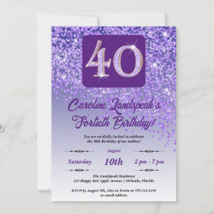 Invitación Purpurina morado que cae 40 Fiesta de cumpleaños