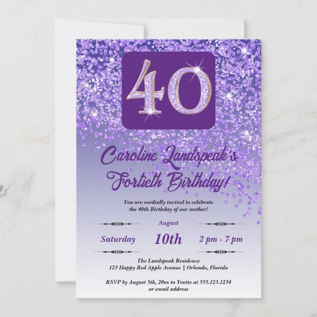 Invitación Purpurina morado que cae 40 Fiesta de cumpleaños (Anverso)