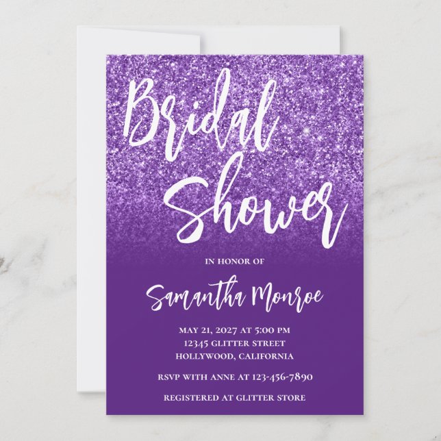 Invitación Purpurina morado real gradiente ducha de novia (Anverso)